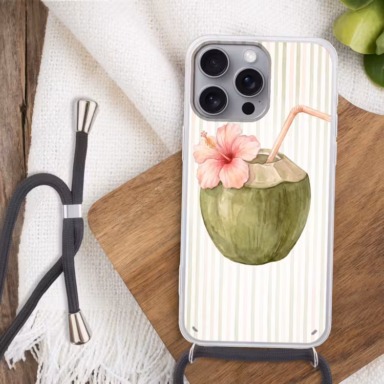 Kokosnoot - Drank - Tropisch - Illustratie - Zomer Hoesje iPhone 16 Pro Max met koord klein -sfeer4