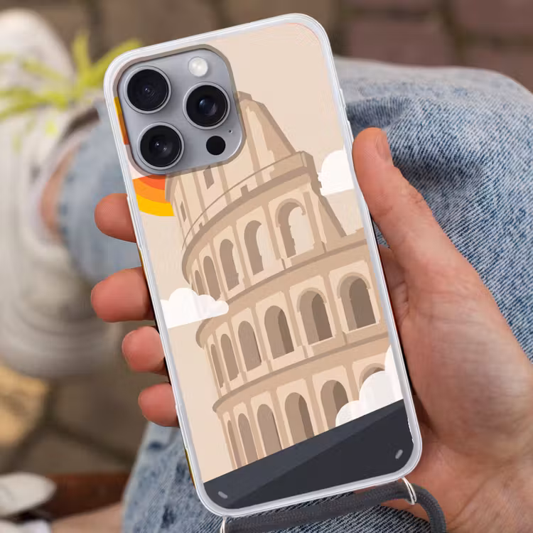 Colosseum - Zonsopgang - Rome - Architectuur - Beige Hoesje iPhone 16 Pro Max met koord klein -sfeer3