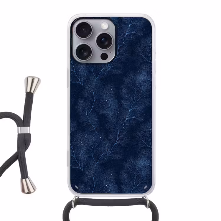 Koraal - Takken - Patroon - Nachtblauw Hoesje iPhone 16 Pro Max met koord klein 804 -3d