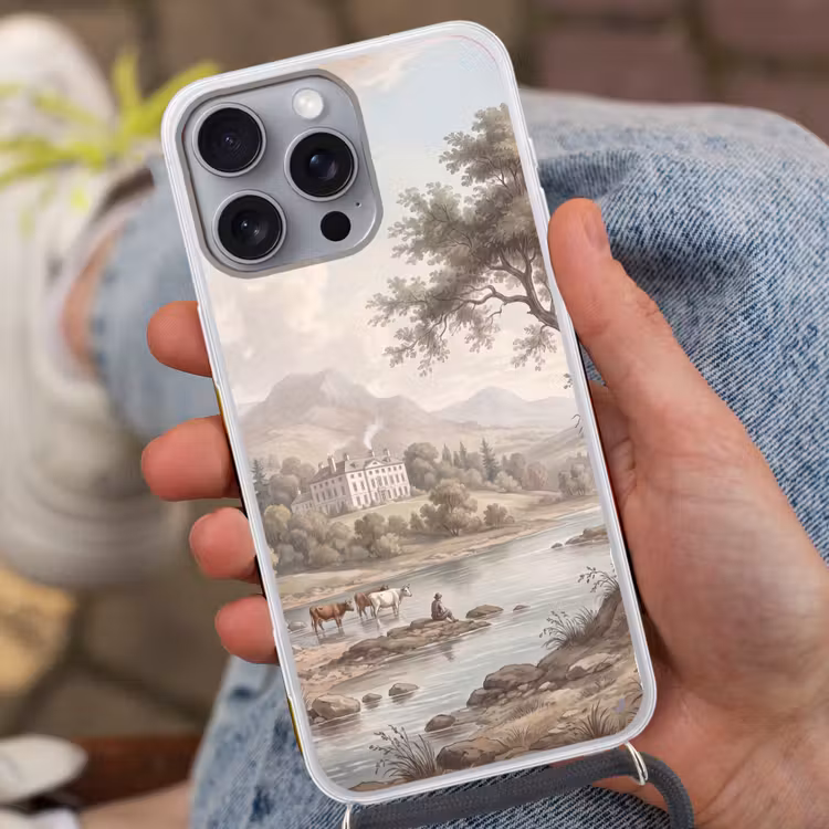 Landhuis - Rivier - Vee Hoesje iPhone 16 Pro Max met koord klein -sfeer3