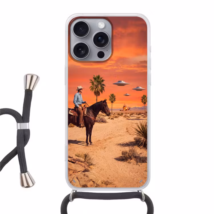 Phone case crossbody - Cowboy - Horse - Desert - Cowboy - Paard - Woestijn Hoesje iPhone 16 Pro Max met koord klein