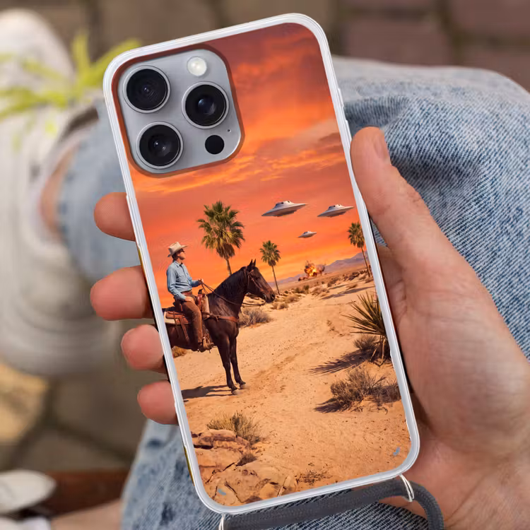 Phone case crossbody - Cowboy - Horse - Desert - Cowboy - Paard - Woestijn Hoesje iPhone 16 Pro Max met koord klein