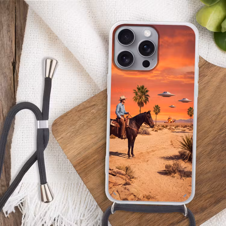 Phone case crossbody - Cowboy - Horse - Desert - Cowboy - Paard - Woestijn Hoesje iPhone 16 Pro Max met koord klein