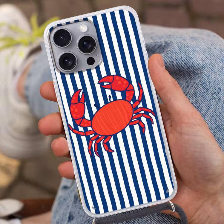 Krab - Strepen - Zeeleven - Illustratie - Rood Hoesje iPhone 16 Pro Max met koord klein -sfeer3