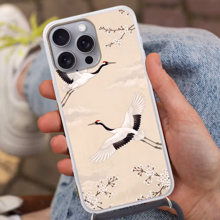 Kraanvogels - Bloesem - Beige Hoesje iPhone 16 Pro Max met koord klein -sfeer3