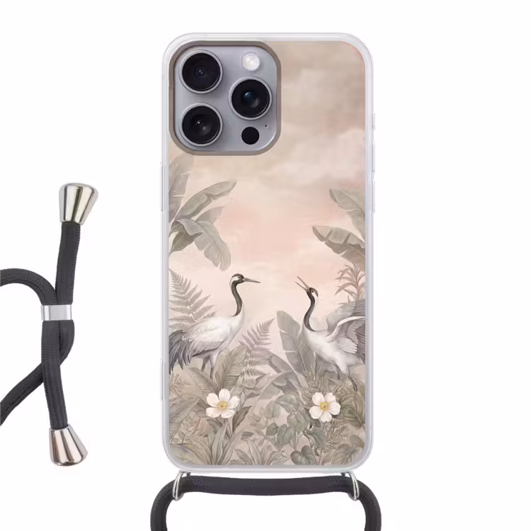 Kraanvogels - Natuur - Roze Hoesje iPhone 16 Pro Max met koord klein -3d
