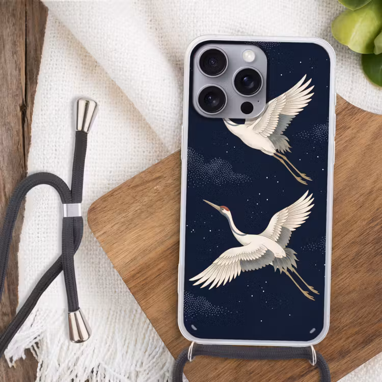 Kraanvogels - Nachthemel - Blauw Hoesje iPhone 16 Pro Max met koord klein -sfeer4