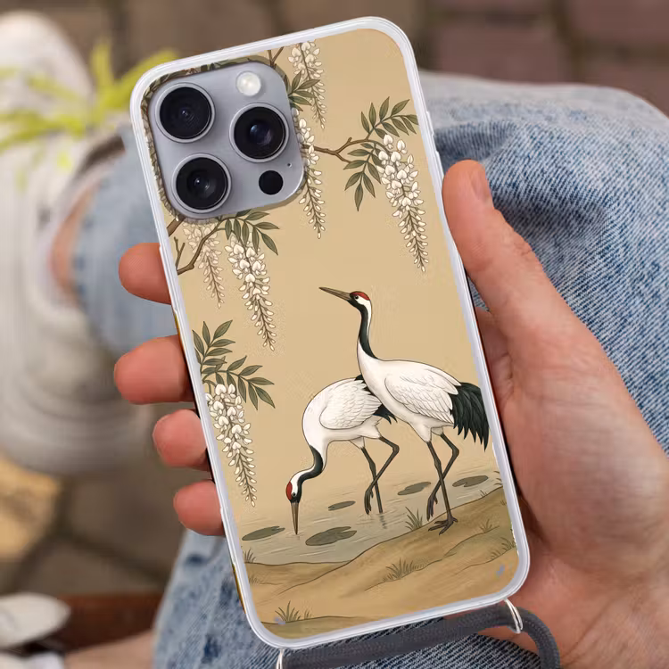 Kraanvogels - Water - Beige Hoesje iPhone 16 Pro Max met koord klein -sfeer3