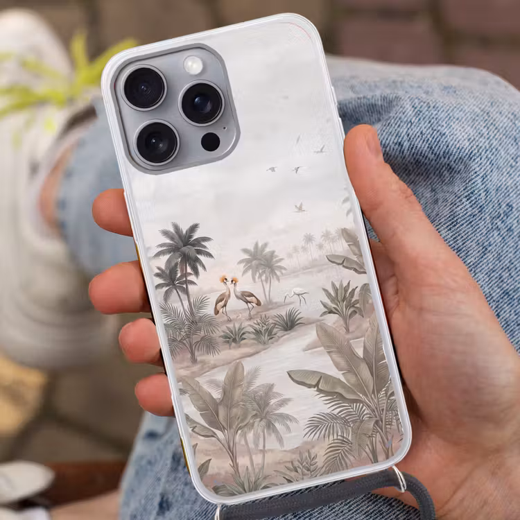 Kraanvogels - Palmbomen - Tropisch Hoesje iPhone 16 Pro Max met koord klein -sfeer3