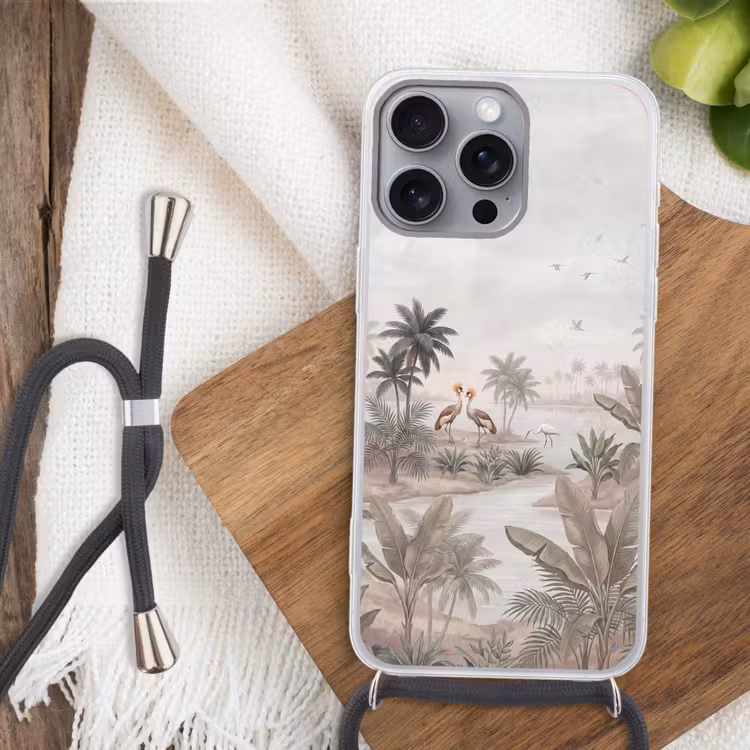 Kraanvogels - Palmbomen - Tropisch Hoesje iPhone 16 Pro Max met koord klein -sfeer4