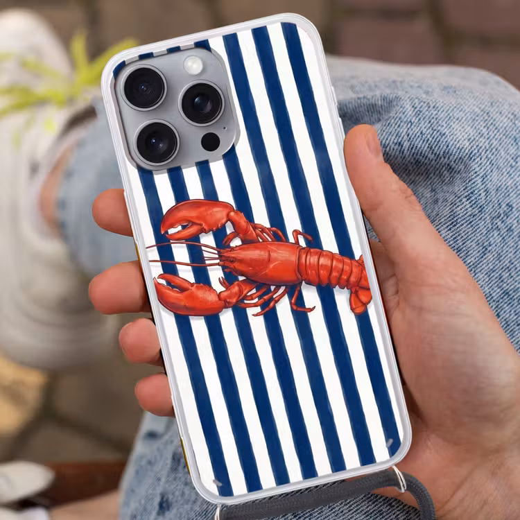 Schaaldier - Kreeft - Marine - Illustratie - Rood Hoesje iPhone 16 Pro Max met koord klein -sfeer3