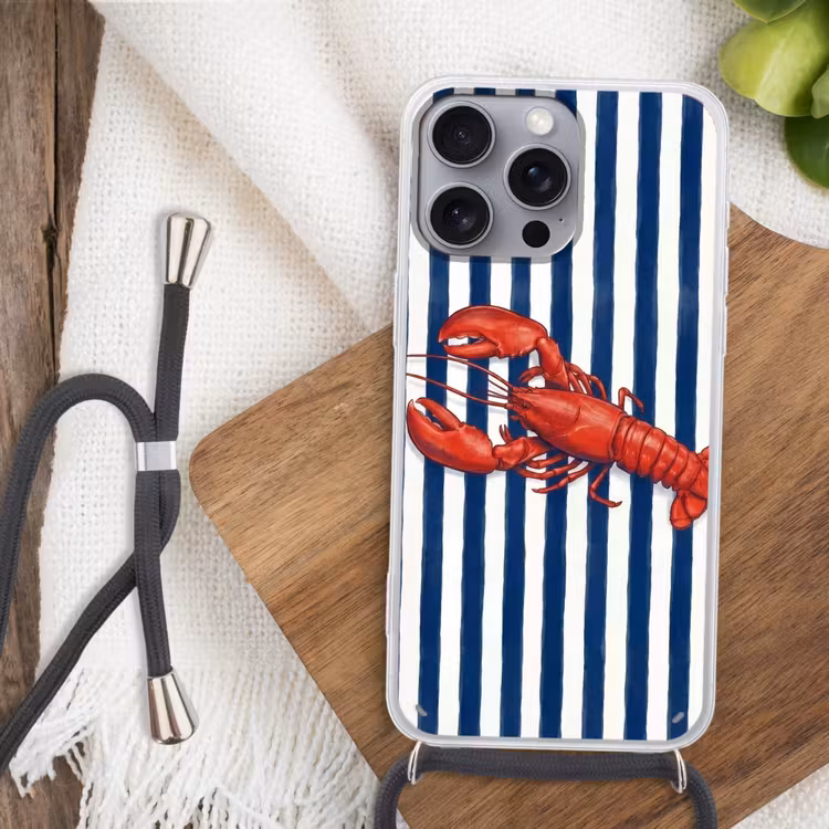 Schaaldier - Kreeft - Marine - Illustratie - Rood Hoesje iPhone 16 Pro Max met koord klein -sfeer4