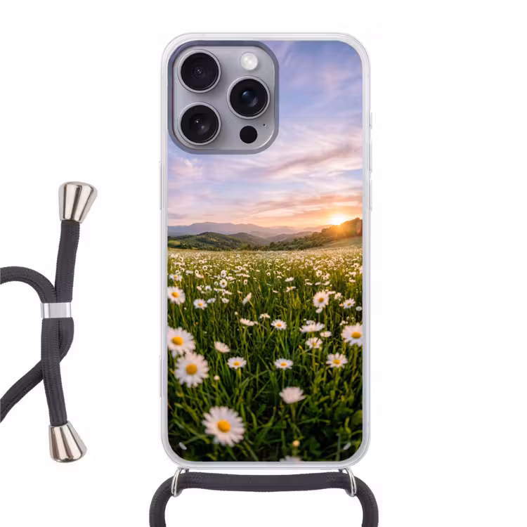 Madelief - Veld - Heuvels - Groen Hoesje iPhone 16 Pro Max met koord klein -3d
