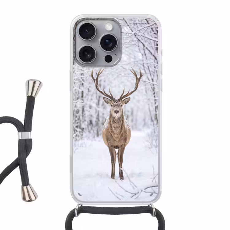 Hert - Winter - Bos - Natuur - Wit Hoesje iPhone 16 Pro Max met koord klein -3d