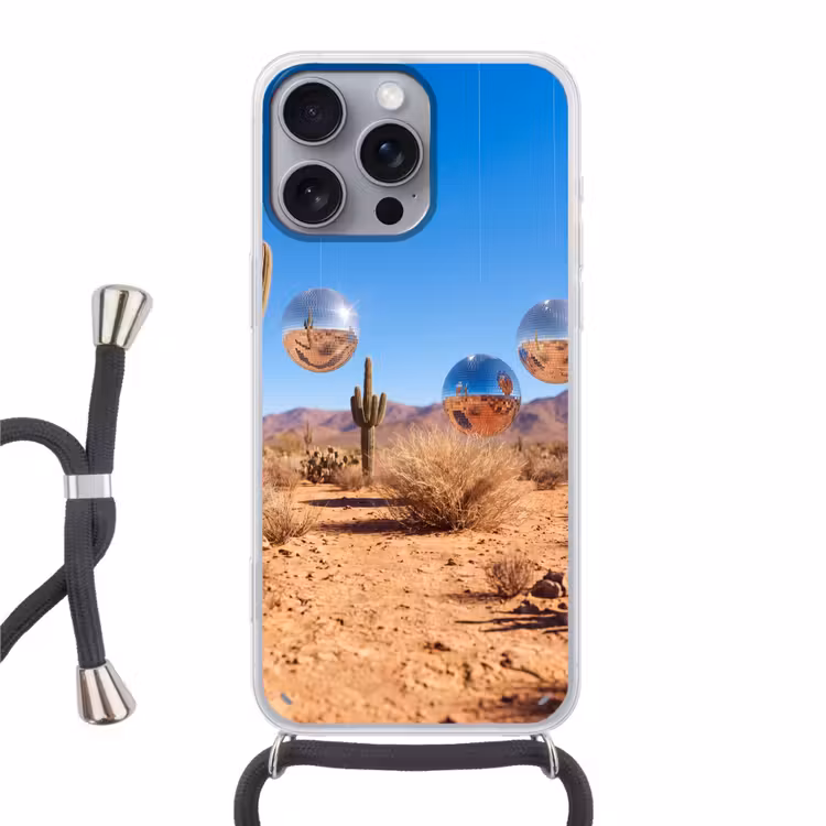 Phone case crossbody - Desert - Mirror Ball - Art - Woestijn - Spiegelbal - Kunst Hoesje iPhone 16 Pro Max met koord klein