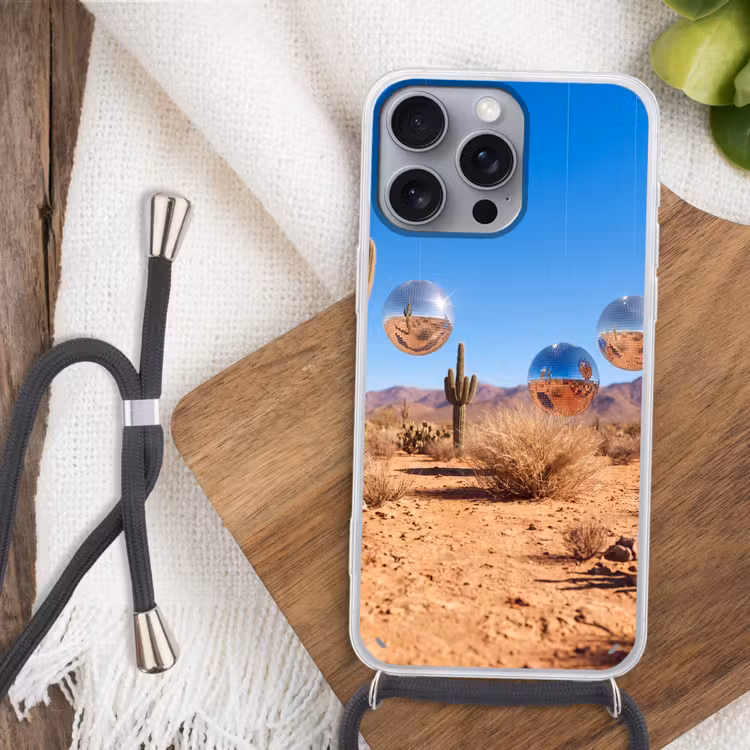 Phone case crossbody - Desert - Mirror Ball - Art - Woestijn - Spiegelbal - Kunst Hoesje iPhone 16 Pro Max met koord klein