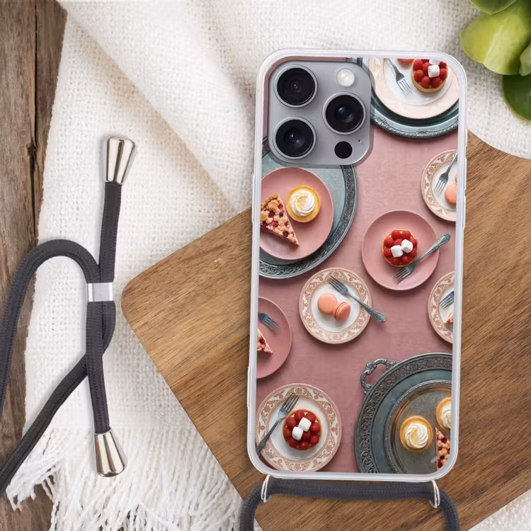Dessert - Taart - Gebak - Zoet - Roze Hoesje iPhone 16 Pro Max met koord klein -sfeer4