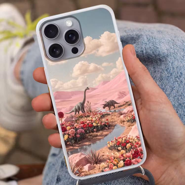 Phone case crossbody - Dinosaur - Pink - Landscape - Dinosaurus - Roze - Landschap Hoesje iPhone 16 Pro Max met koord klein