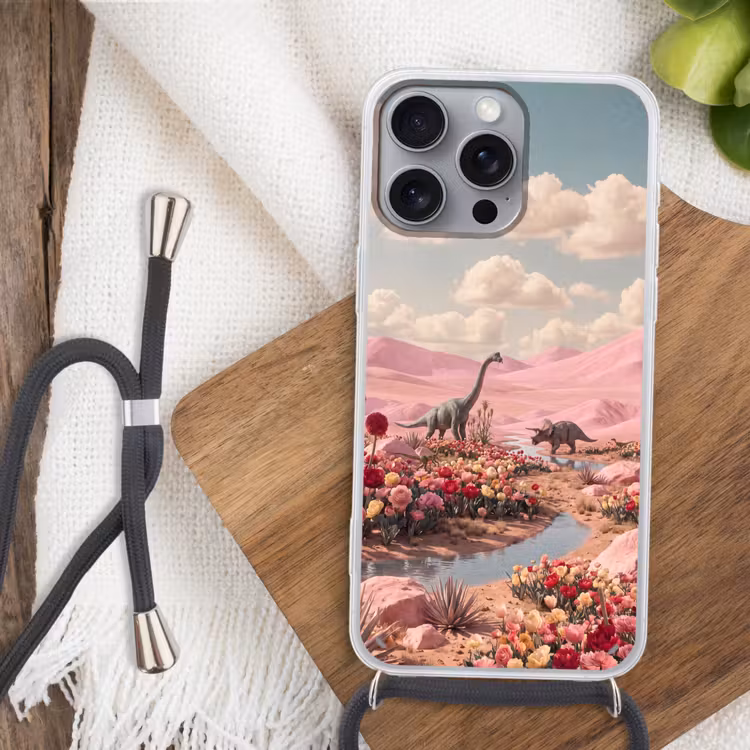 Phone case crossbody - Dinosaur - Pink - Landscape - Dinosaurus - Roze - Landschap Hoesje iPhone 16 Pro Max met koord klein