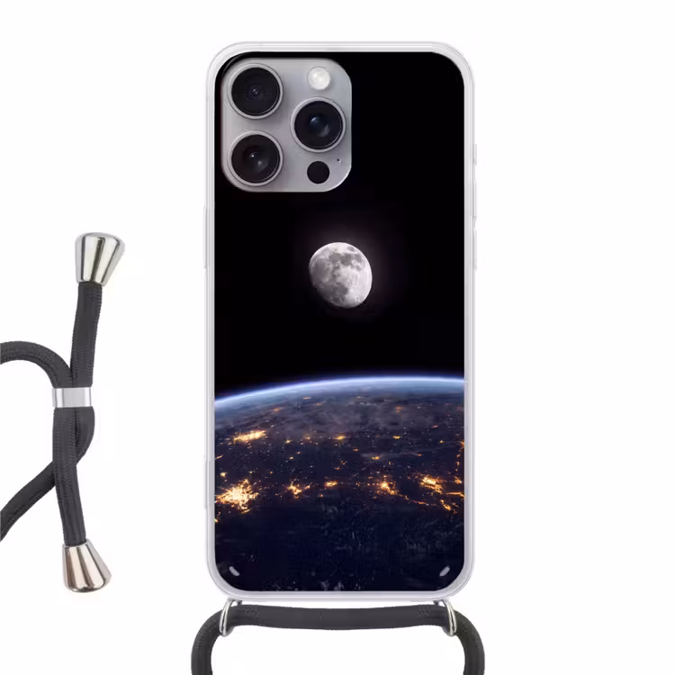 Phone case crossbody - Earth - Night - Space - Aarde - Nacht - Ruimte Hoesje iPhone 16 Pro Max met koord klein