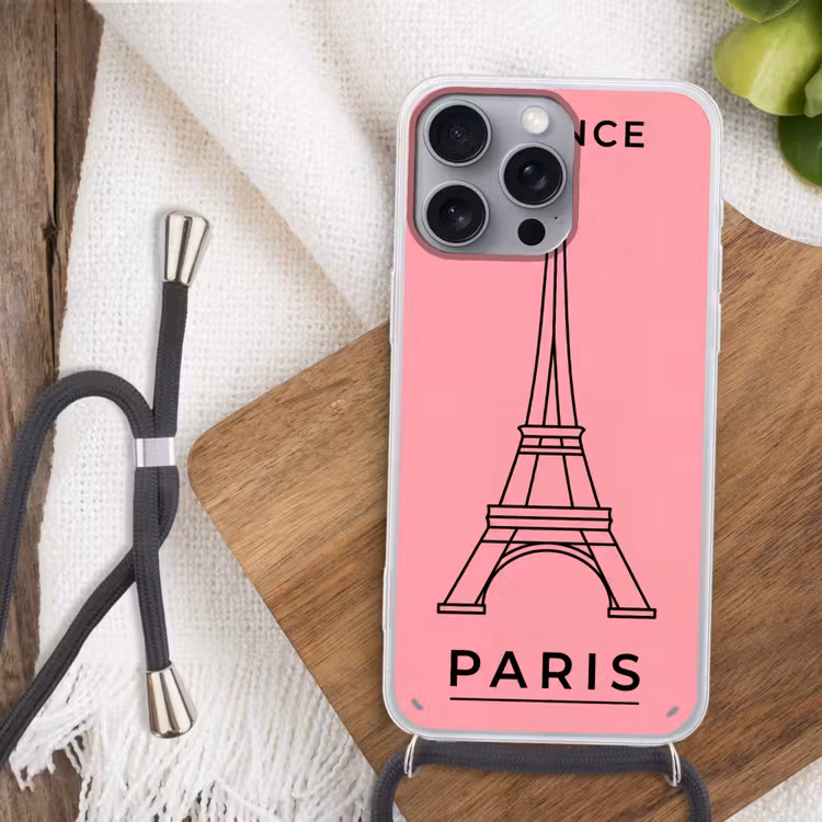 Eiffeltoren - Parijs - Architectuur - Minimalistisch - Roze Hoesje iPhone 16 Pro Max met koord klein -sfeer4