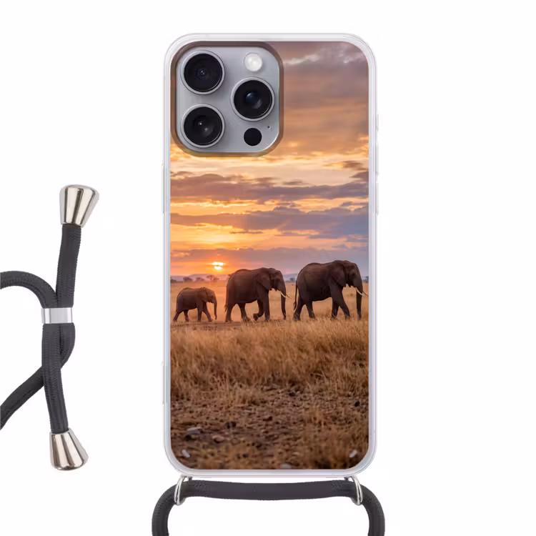 Olifanten - Savanne - Zonsondergang - Afrika - Warm Hoesje iPhone 16 Pro Max met koord klein -3d