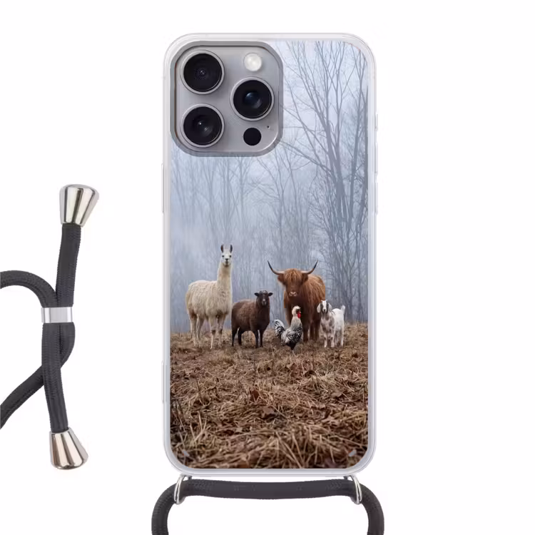 Boerderijdieren - Groep - Mist - Natuur - Rustiek Hoesje iPhone 16 Pro Max met koord klein -3d