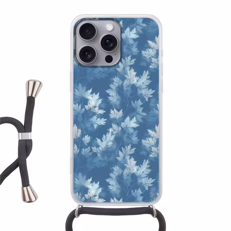 Varen - Botanisch - Patroon - Grijsblauw Hoesje iPhone 16 Pro Max met koord klein 804 -3d
