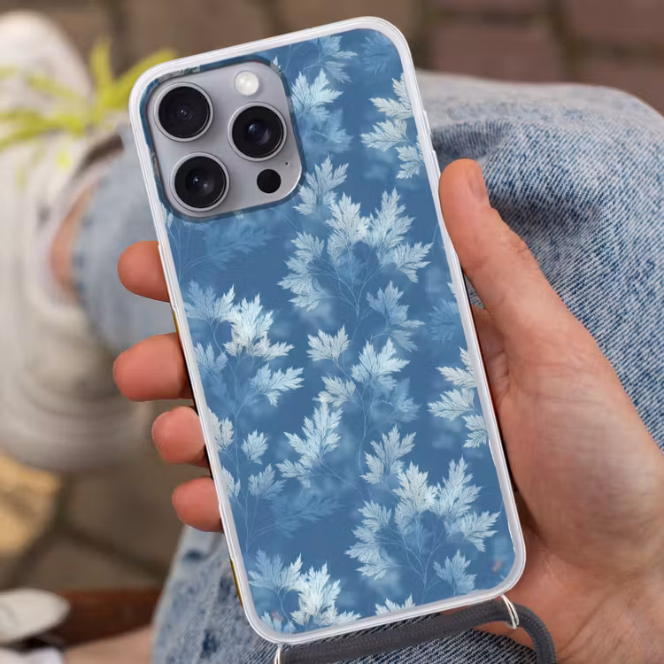 Varen - Botanisch - Patroon - Grijsblauw Hoesje iPhone 16 Pro Max met koord klein 804 -sfeer3