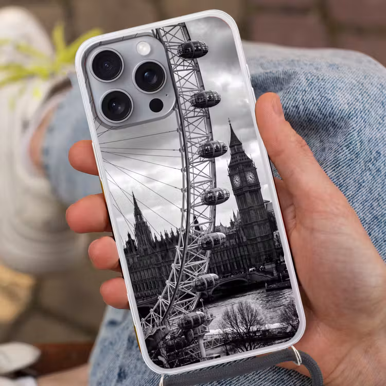 Reuzenrad - Klokkentoren - Architectuur - Zwart-wit - Stad Hoesje iPhone 16 Pro Max met koord klein -sfeer3