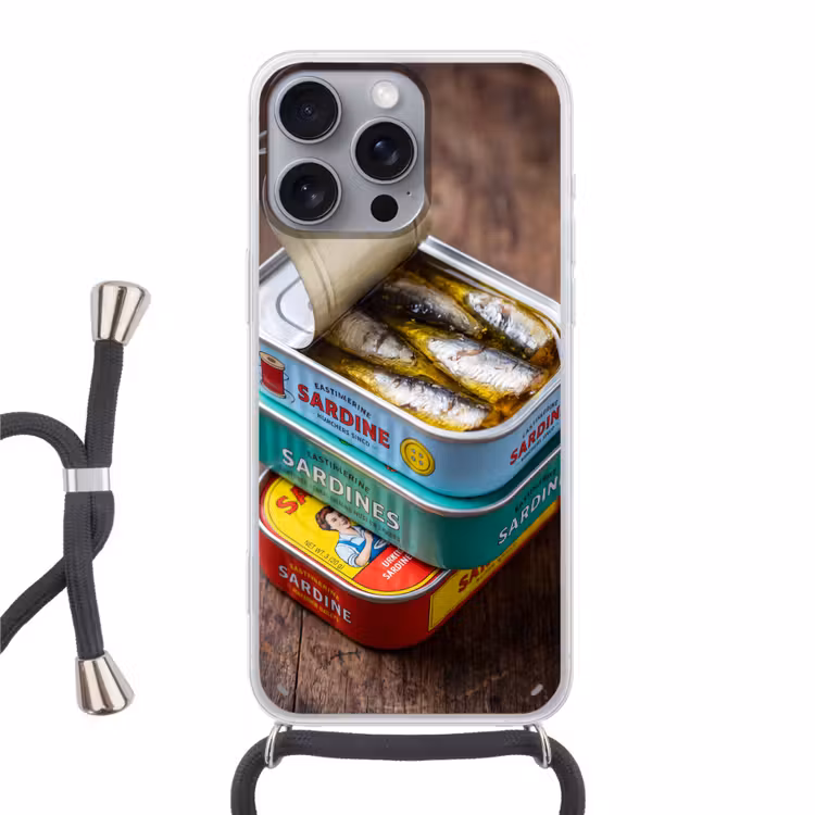 Phone case crossbody - Fish - Cans - Kitchen - Vis - Blikjes - Keuken Hoesje iPhone 16 Pro Max met koord klein