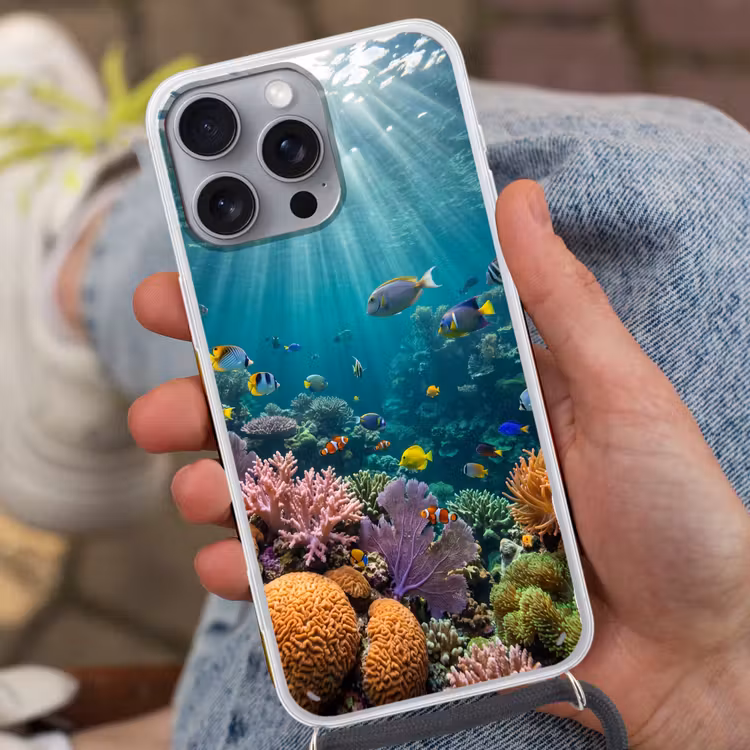 Vis - Koraal - Oceaan - Natuur - Kleurrijk Hoesje iPhone 16 Pro Max met koord klein -sfeer3