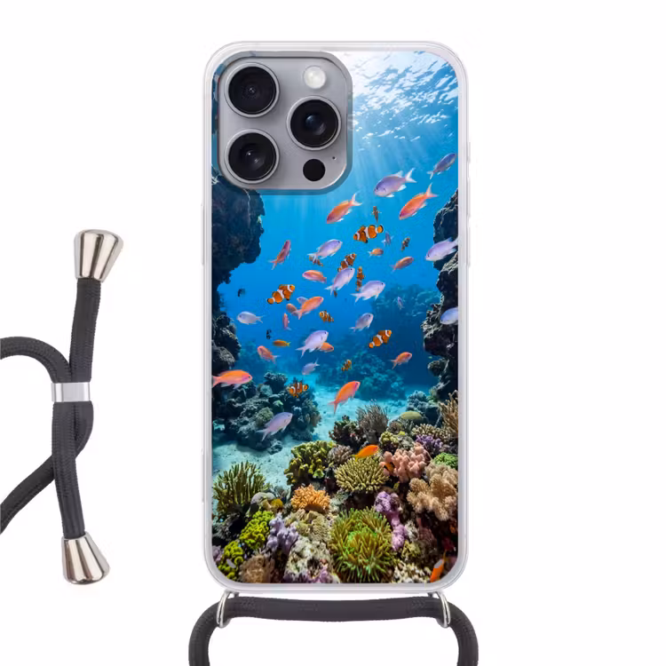 Vis - Koraalrif - Onderwater - Levendig - Blauw Hoesje iPhone 16 Pro Max met koord klein -3d