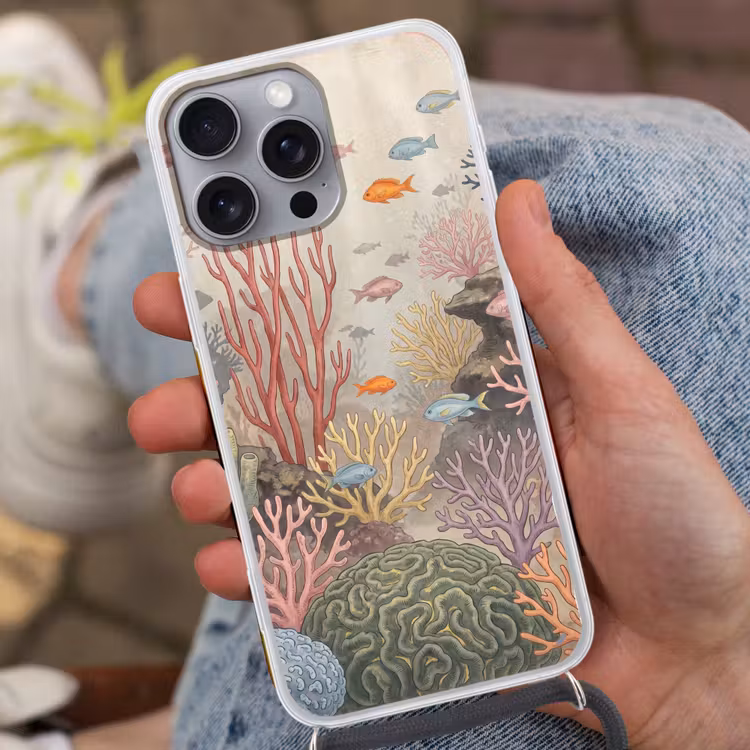 Vis - Koraalrif - Onderwaterwereld - Illustratie Hoesje iPhone 16 Pro Max met koord klein -sfeer3