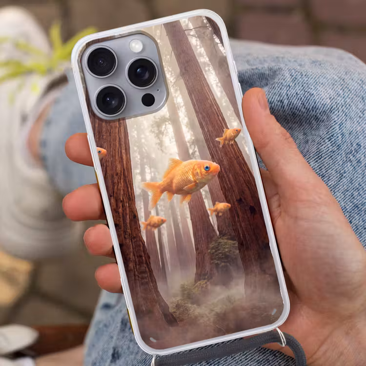 Phone case crossbody - Fish - Forest - Fantasy - Vis - Bos - Fantasie Hoesje iPhone 16 Pro Max met koord klein