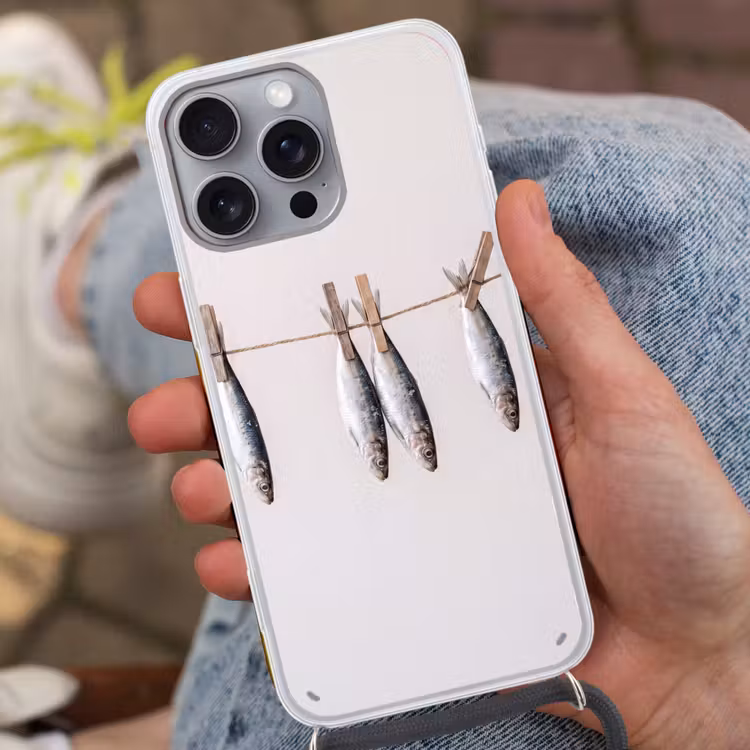 Phone case crossbody - Fish - Hanging - Food - Vis - Hangend - Eten Hoesje iPhone 16 Pro Max met koord klein