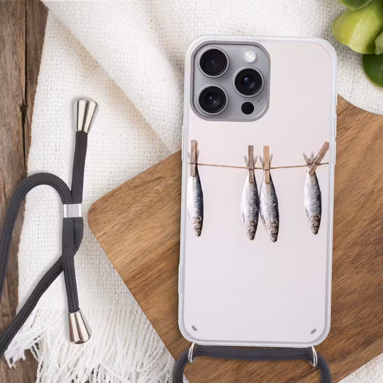 Phone case crossbody - Fish - Hanging - Food - Vis - Hangend - Eten Hoesje iPhone 16 Pro Max met koord klein
