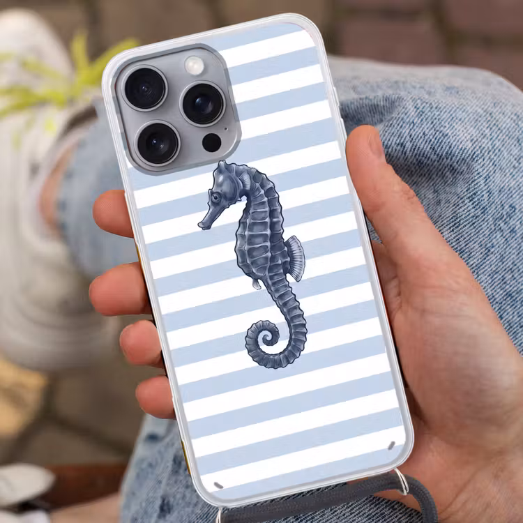 Vis - Oceaan - Illustratie - Blauw - Strepen Hoesje iPhone 16 Pro Max met koord klein -sfeer3