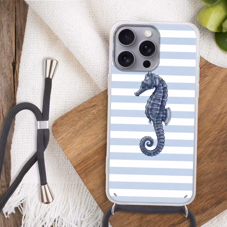 Vis - Oceaan - Illustratie - Blauw - Strepen Hoesje iPhone 16 Pro Max met koord klein -sfeer4