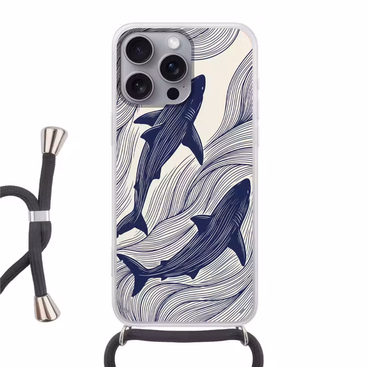 Vis - Oceaan - Lijntekening - Blauw - Dieren Hoesje iPhone 16 Pro Max met koord klein -3d
