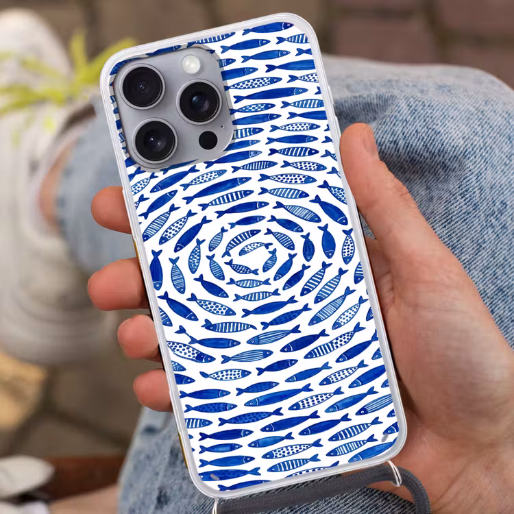 Vis - Patroon - Onderwater - Abstract - Blauw Hoesje iPhone 16 Pro Max met koord klein -sfeer3