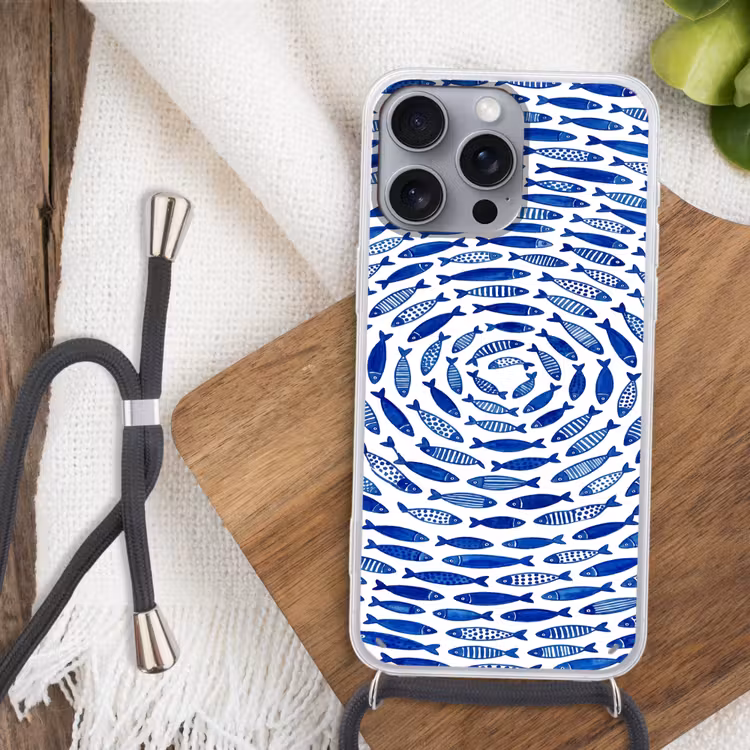 Vis - Patroon - Onderwater - Abstract - Blauw Hoesje iPhone 16 Pro Max met koord klein -sfeer4