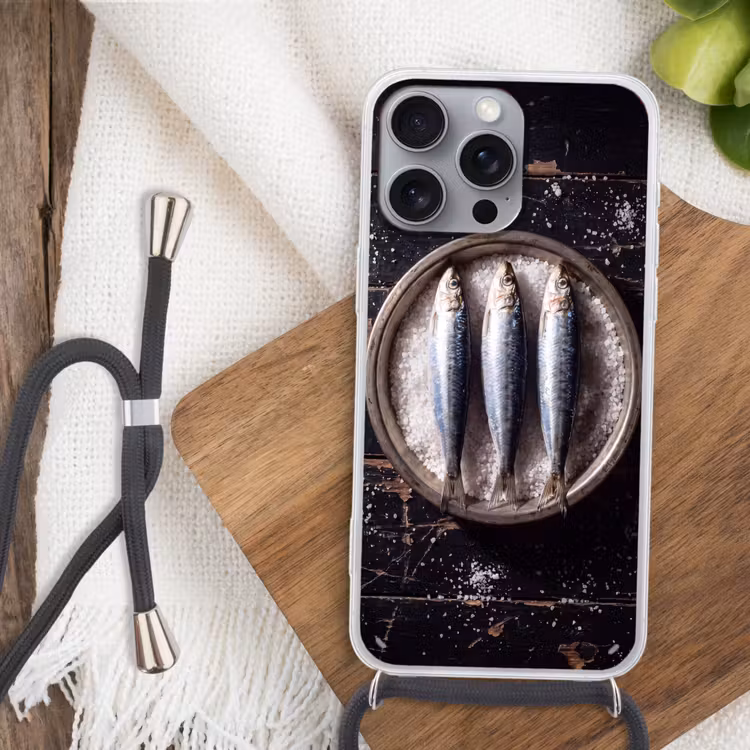 Phone case crossbody - Fish - Salt - Food - Vis - Zout - Eten Hoesje iPhone 16 Pro Max met koord klein