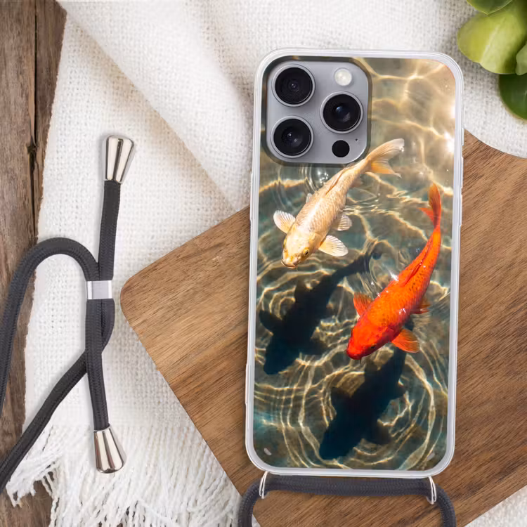Vis - Water - Dieren - Oranje - Goud Hoesje iPhone 16 Pro Max met koord klein -sfeer4
