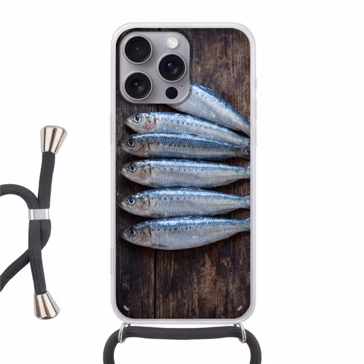 Phone case crossbody - Fish - Wood - Food - Vis - Hout - Eten Hoesje iPhone 16 Pro Max met koord klein