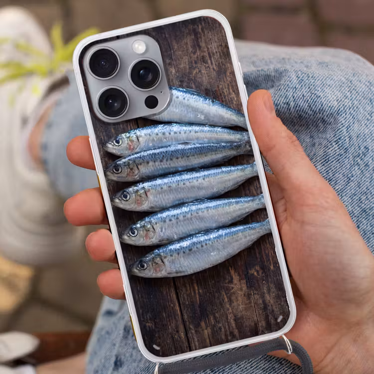 Phone case crossbody - Fish - Wood - Food - Vis - Hout - Eten Hoesje iPhone 16 Pro Max met koord klein