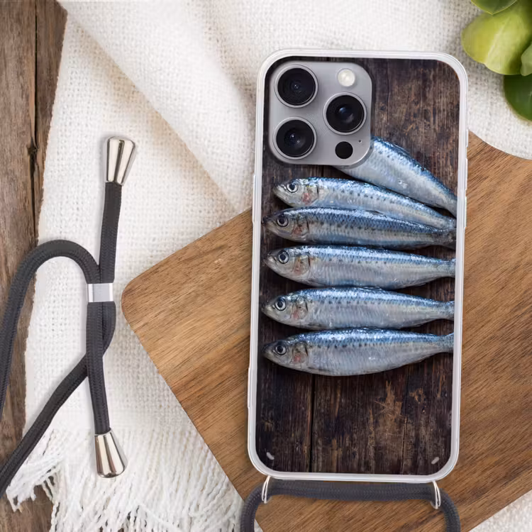 Phone case crossbody - Fish - Wood - Food - Vis - Hout - Eten Hoesje iPhone 16 Pro Max met koord klein