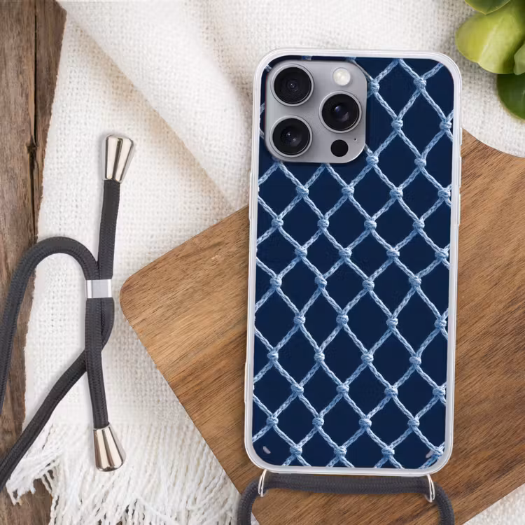 Visnet - Touw - Patroon - Marineblauw Hoesje iPhone 16 Pro Max met koord klein 804 -sfeer4