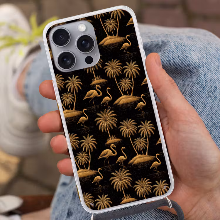 Flamingo - Palmbomen - Tropisch - Goud - Zwart Hoesje iPhone 16 Pro Max met koord klein 804 -sfeer3