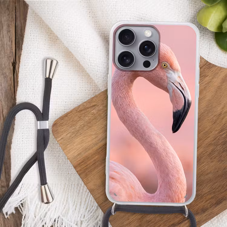 Flamingo - Portret - Roze Hoesje iPhone 16 Pro Max met koord klein -sfeer4